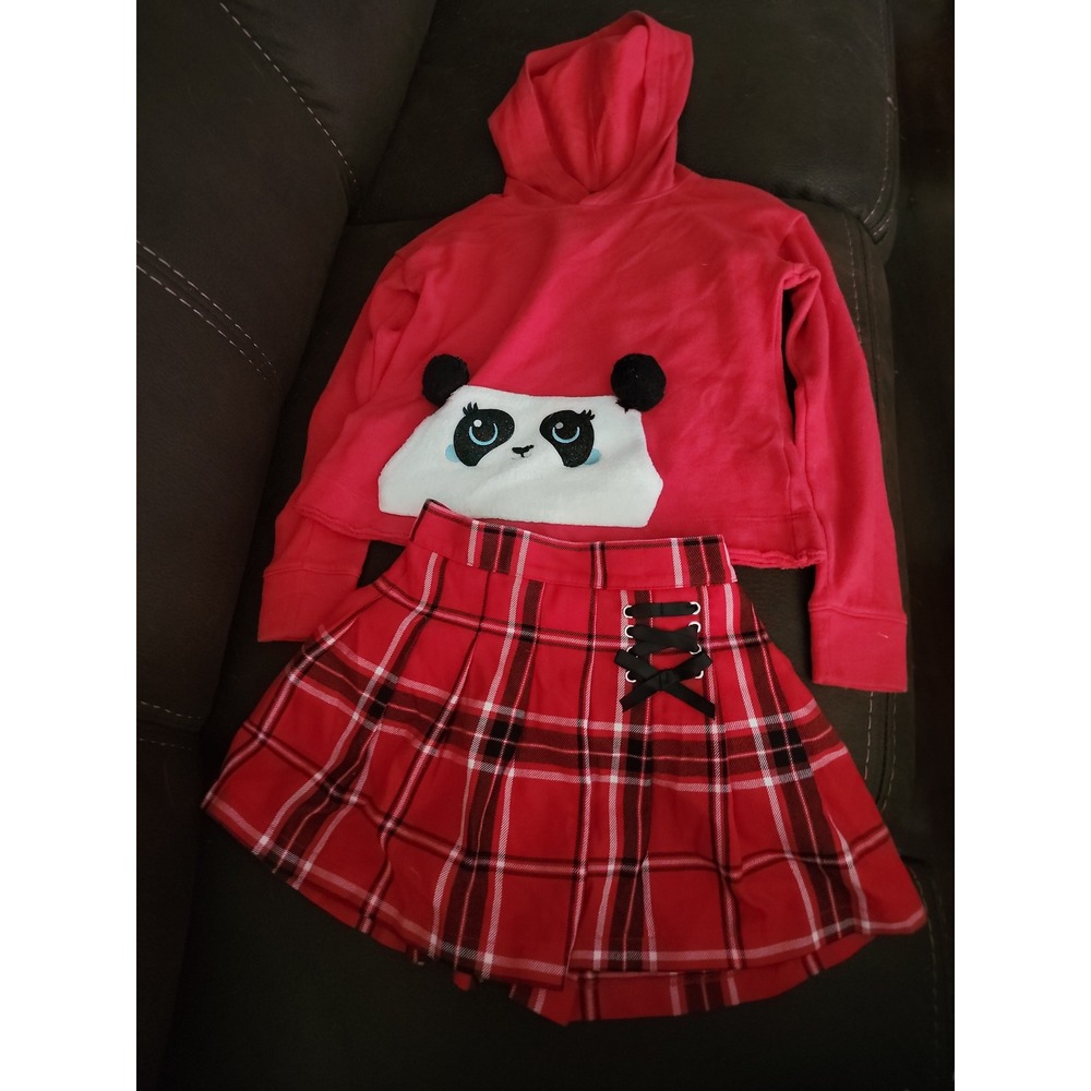 Justice Christmas holiday panda sweatshirt‎ and red plaid skort size 6 7 Justice